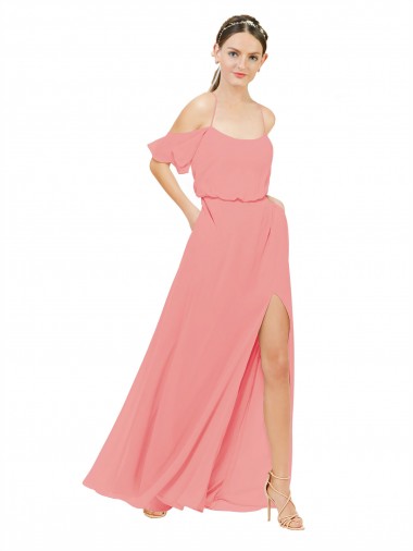 Wassermelone A-Linien Off-Schulter Chiffon Lange Brautjungfernkleider Websites